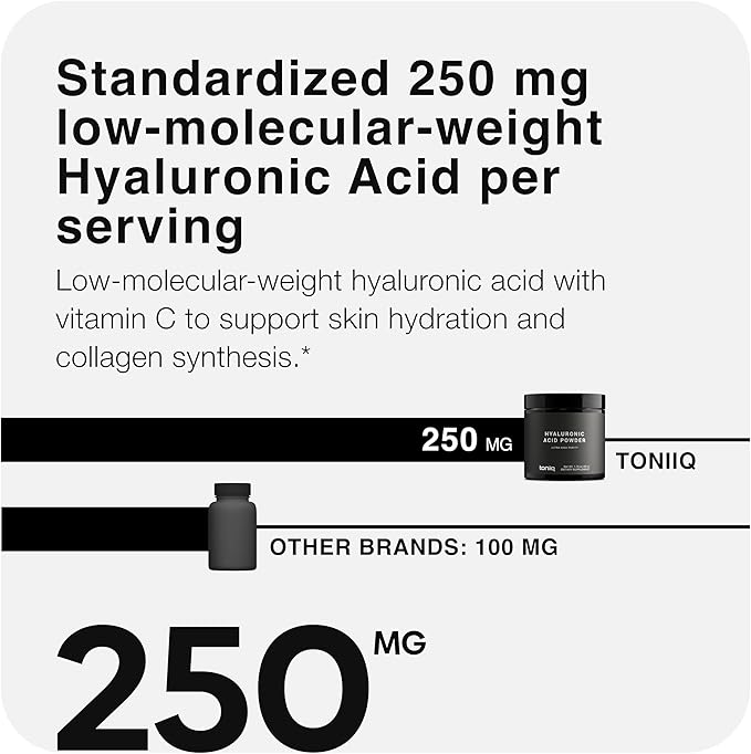 Ultra Purified Bioavailable Hyaluronic Acid Powder – Lab Tested Low Molecular Weight for Deeper Skin Hydration – 250 mg with Vitamin C for Enhanced Absorption – 180 Servings