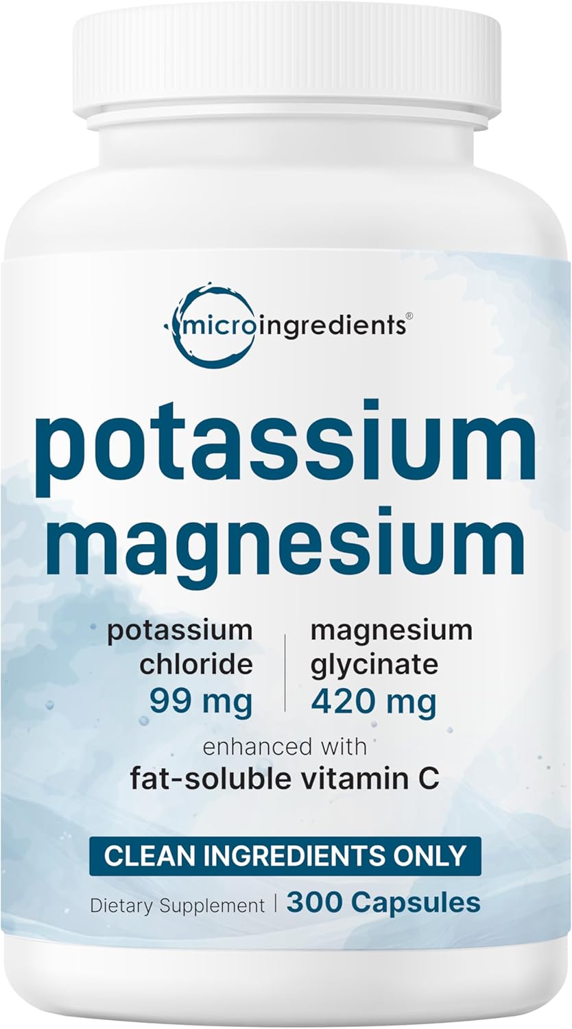Pure Potassium Supplement with Magnesium Glycinate, 300 Capsules | Enhanced with Fat-Soluble Vitamin C | Chloride + Glycinate Mineral Electrolyte Complex | Only Active Ingredients | Filler Free
