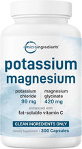 Pure Potassium Supplement with Magnesium Glycinate, 300 Capsules | Enhanced with Fat-Soluble Vitamin C | Chloride + Glycinate Mineral Electrolyte Complex | Only Active Ingredients | Filler Free