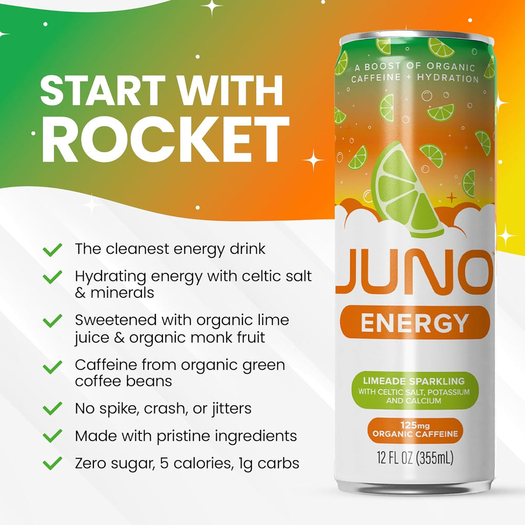 JUNO ENERGY Limeade Sparkling Energy Drink - Sugar Free Electrolytes, Energizing and Hydrating with 125mg Organic Caffeine from Green Coffee Beans, Organic Monk Fruit, Lime Juice & Electrolytes - Vegan, Gluten Free, 12 Pack