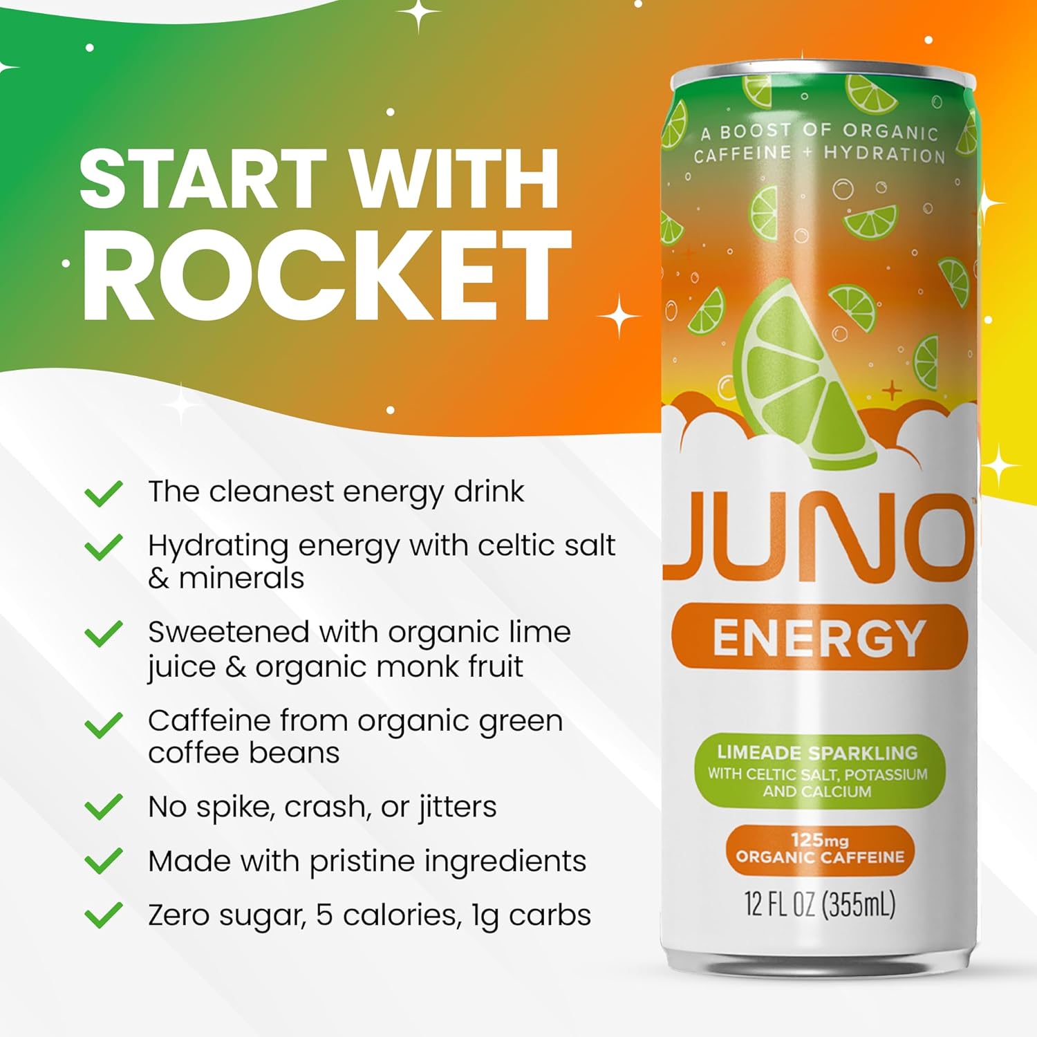 JUNO ENERGY Limeade Sparkling Energy Drink - Sugar Free Electrolytes, Energizing and Hydrating with 125mg Organic Caffeine from Green Coffee Beans, Organic Monk Fruit, Lime Juice & Electrolytes - Vegan, Gluten Free, 12 Pack
