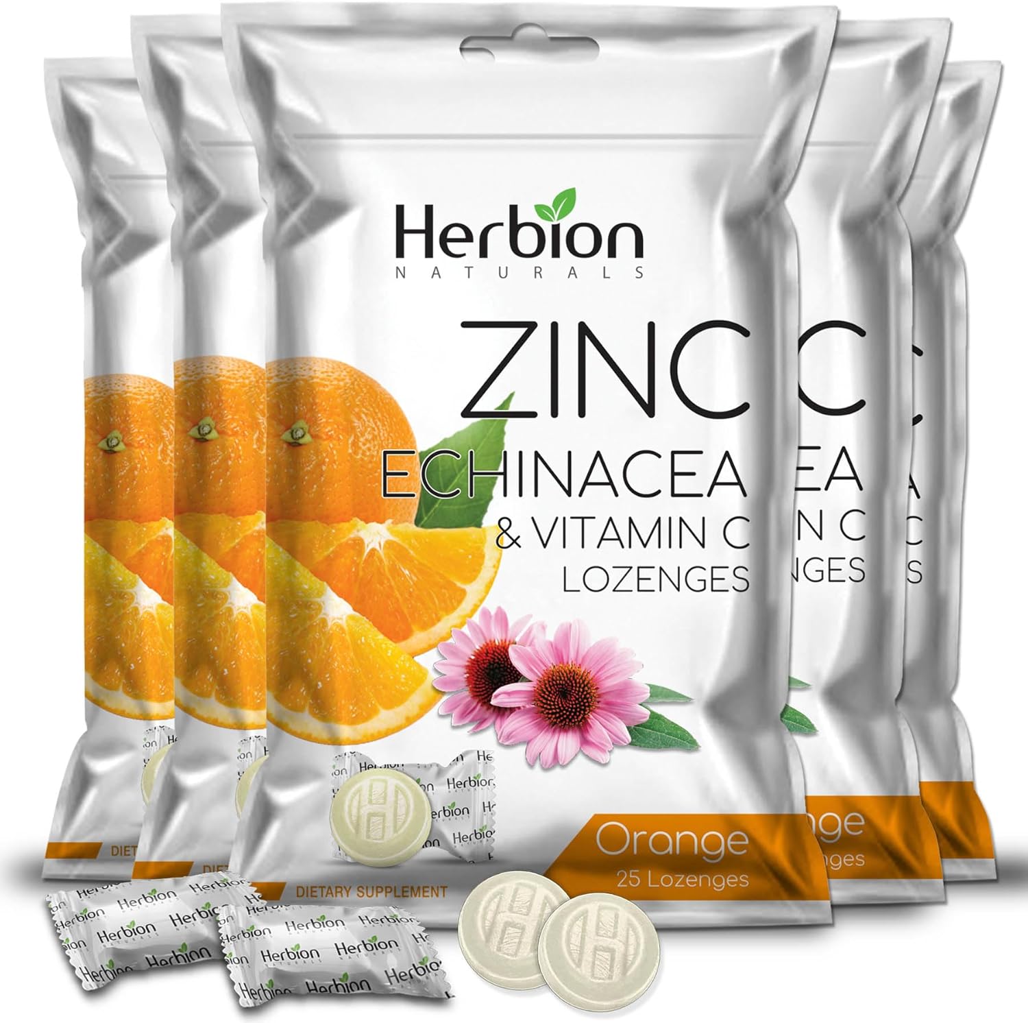 HERBION Naturals Zinc, Echinacea & Vitamin C Lozenges 25 CT, Dietary Supplement for Adults & Children 5+, Promotes Wellness for The Whole Family, 125 Count, Orange, Pack of 5