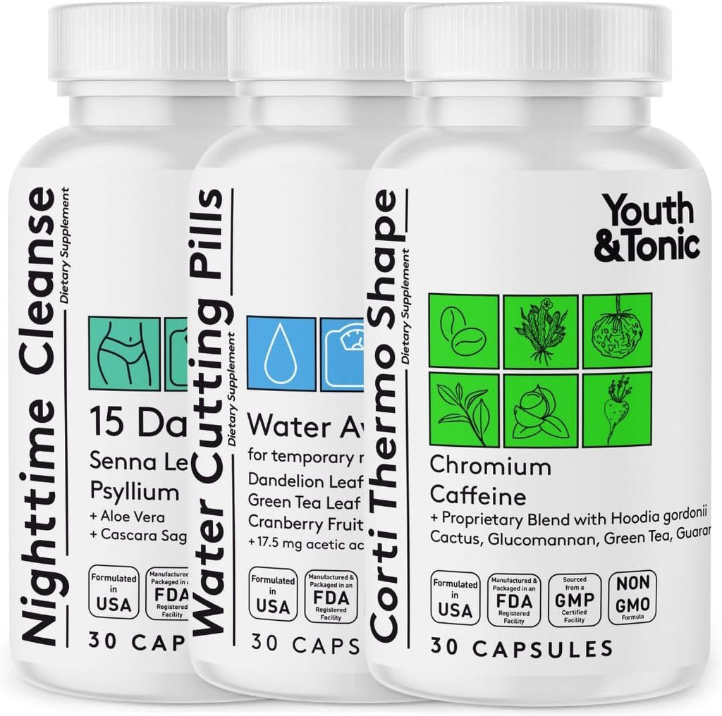 Youth & Tonic Dietary Discipline for Mindful Eating, Cleanse, Detox & Energy Support – Water Weight, Gut Cleanse & CortiThermo Shape for Metabolism, Loss of Body Fluids, Break The Plateau, 90 Pills