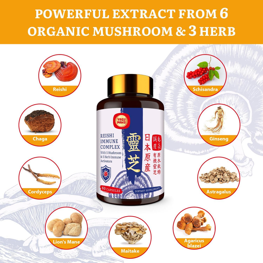 Japanese Reishi Mushroom Complex Supplement 1500mg - Reishi,Chaga,Cordyceps,Lion's Mane,Maitake,Agaricus Mushrooms Extract & 3 Herb,Organic Mushroom Capsules for Immune,Brain (Pack of 2)