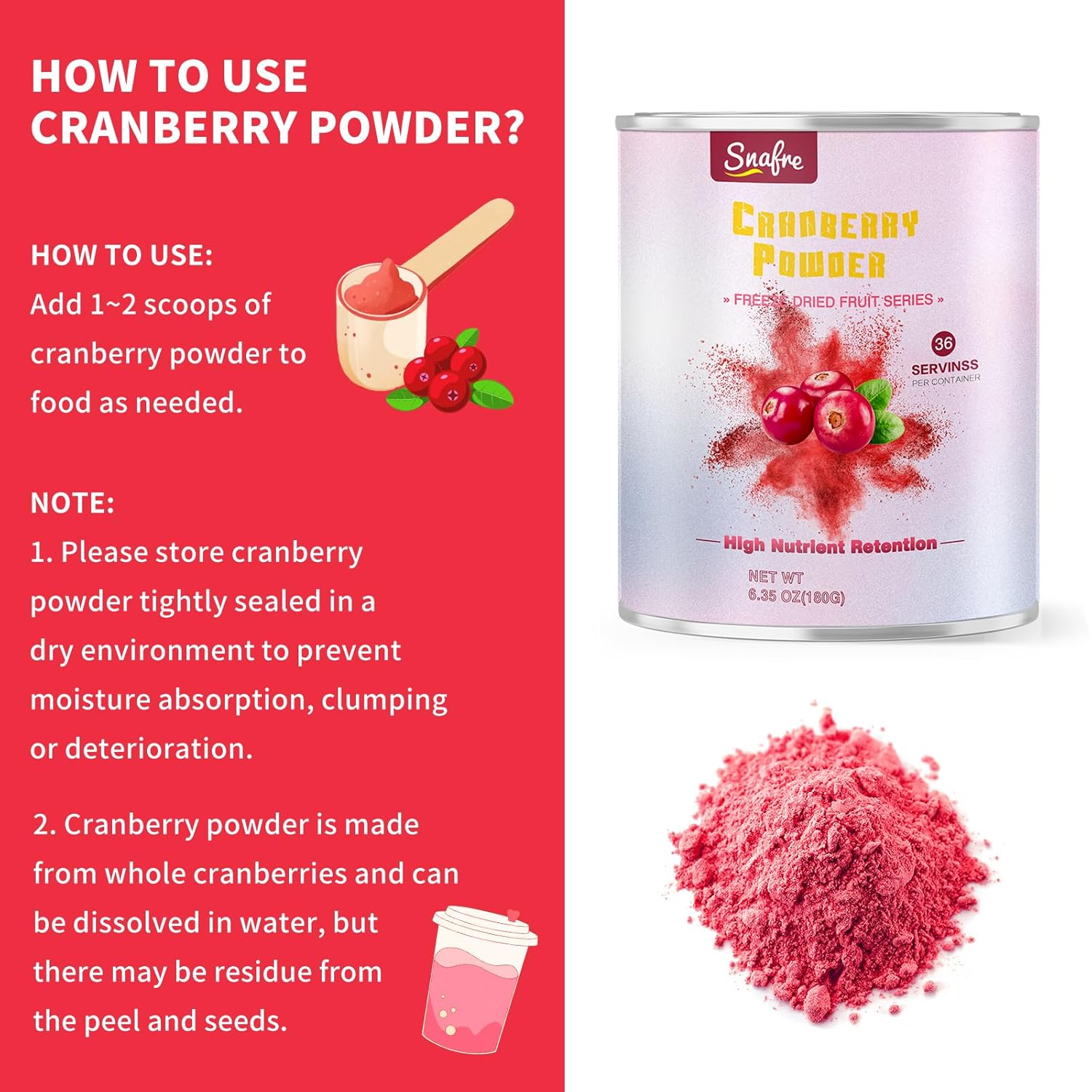 Cranberry Powder, 6.34OZ/180G Freeze Dried Cranberries Powder, Fruit Powder, No Sugar, No Additives, for Baking, Smoothies, Juices, Cocktails, Tea, Yogurt, Oatmeal