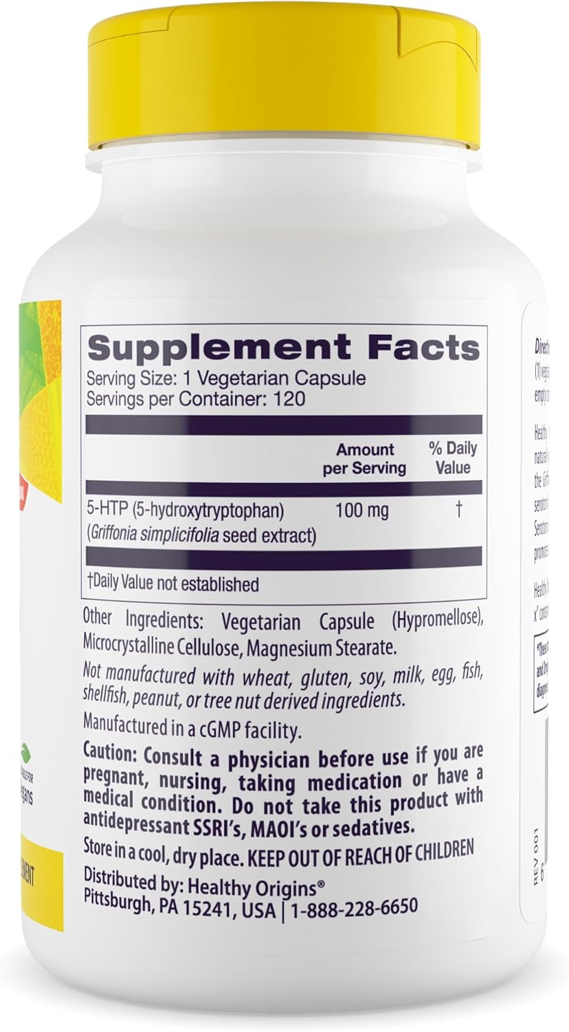 Healthy Origins - 5-HTP 100mg, 120 Veggie Capsules, (5-Hydroxytryptophan), Non-GMO, Gluten-Free, Vegan
