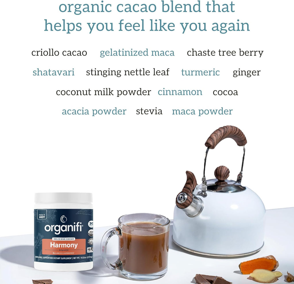 Organifi Harmony - Hormone Support - Eases PMS Symptoms - Energizes You - Regulates Menstrual Cycle - Best Served Hot - Gluten Free and Vegan Cacao Powder, 30 Servings