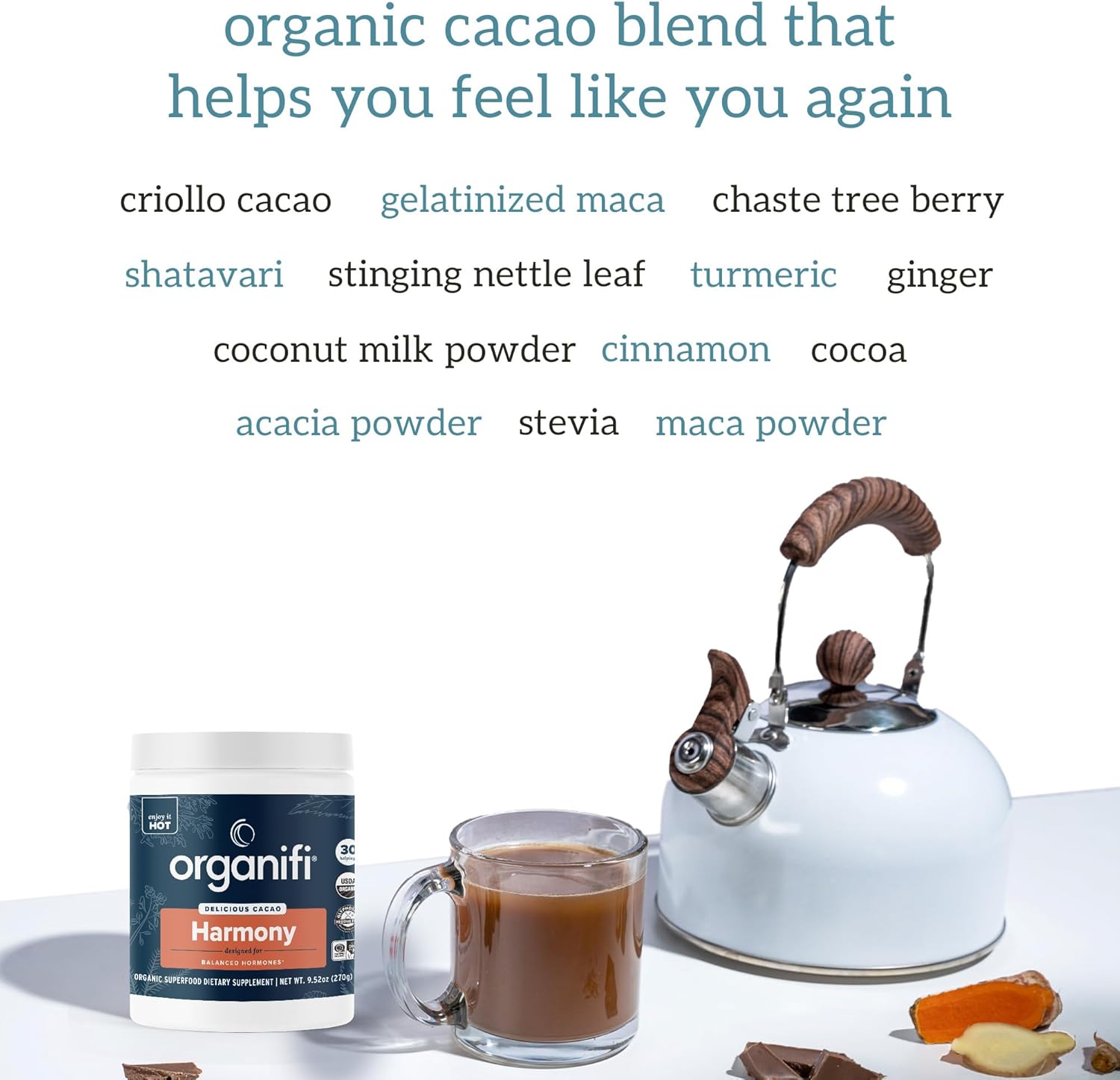 Organifi Harmony - Hormone Support - Eases PMS Symptoms - Energizes You - Regulates Menstrual Cycle - Best Served Hot - Gluten Free and Vegan Cacao Powder, 30 Servings