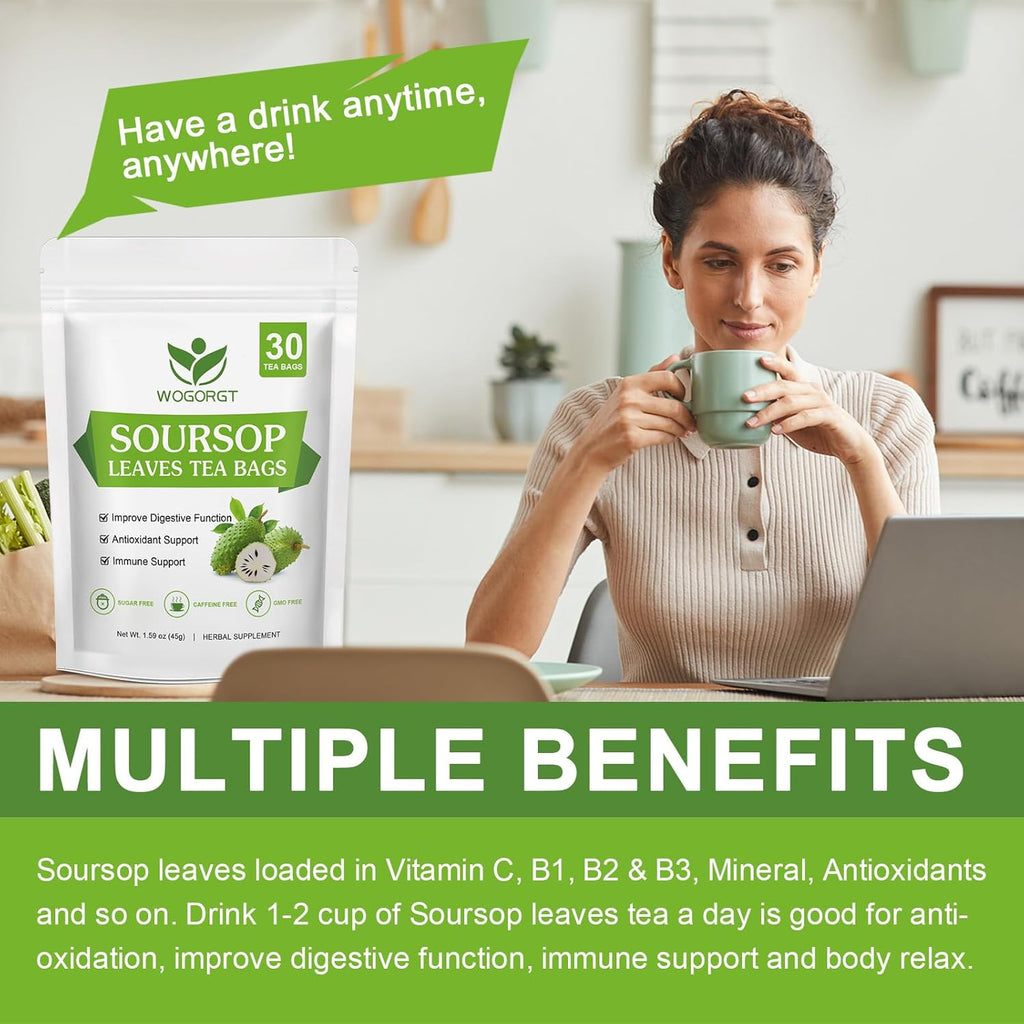 Organic Soursop Leaves Tea Bags - Soursop Graviola Leaves Herbal Tea bags for Immune Support, Antioxidant - Guanabana Leaves - Caffeine Free - 30 Tea Bags