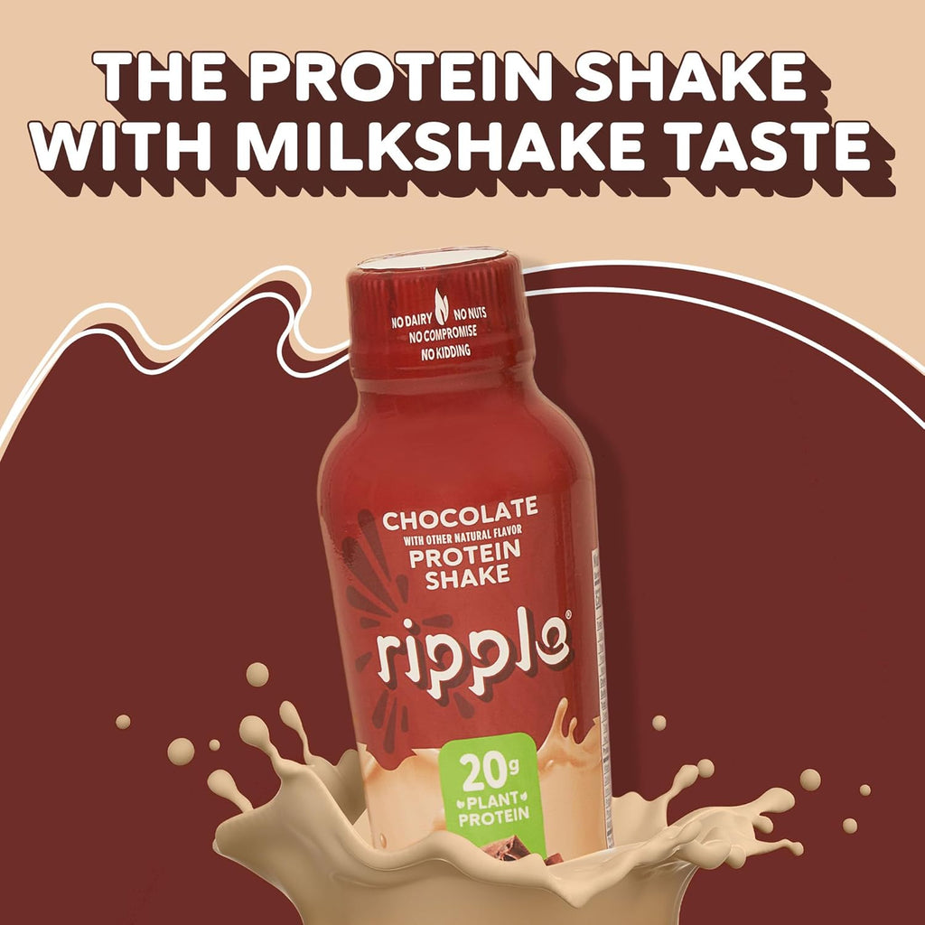 Ripple Vegan Protein Shake | Chocolate | 20g Nutritious Plant Based Pea Protein | Shelf Stable | No GMOs, Soy, Nut, Gluten, Lactose | 12 Oz, 12 Pack