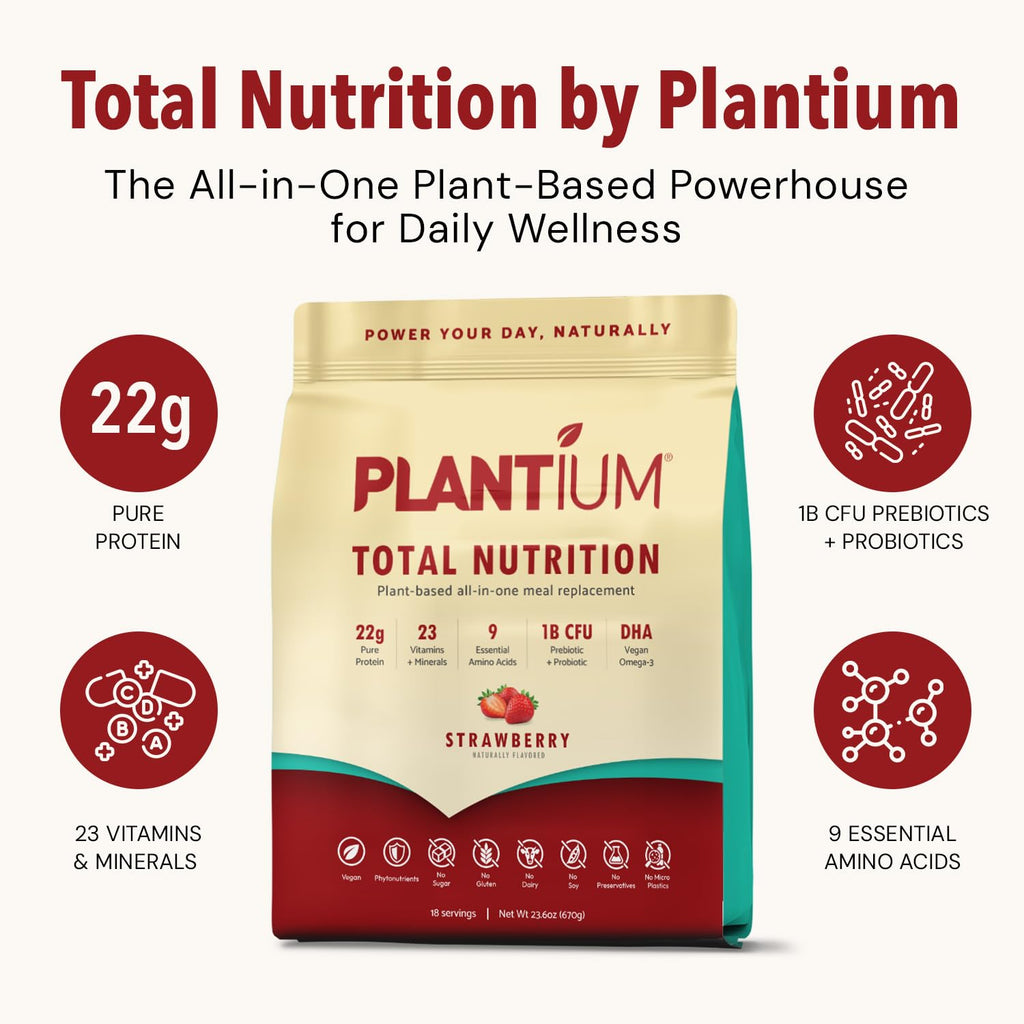 Plantium Total Nutrition, Premium All-in-One Meal Replacement Shake, Plant-Based Protein Powder with Vitamins, Minerals & Probiotics, 22g Protein per Serving, Strawberry