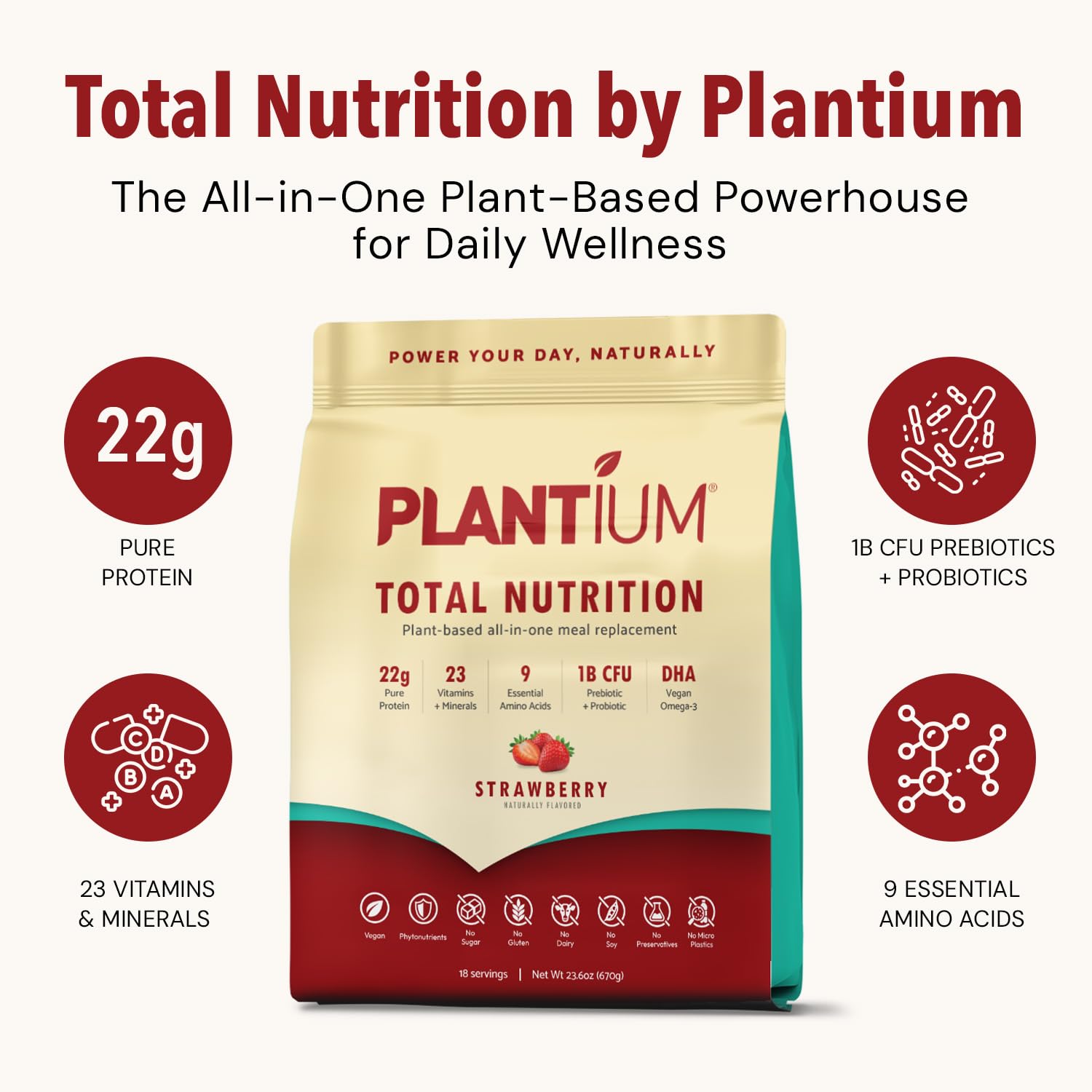 Plantium Total Nutrition, Premium All-in-One Meal Replacement Shake, Plant-Based Protein Powder with Vitamins, Minerals & Probiotics, 22g Protein per Serving, Strawberry