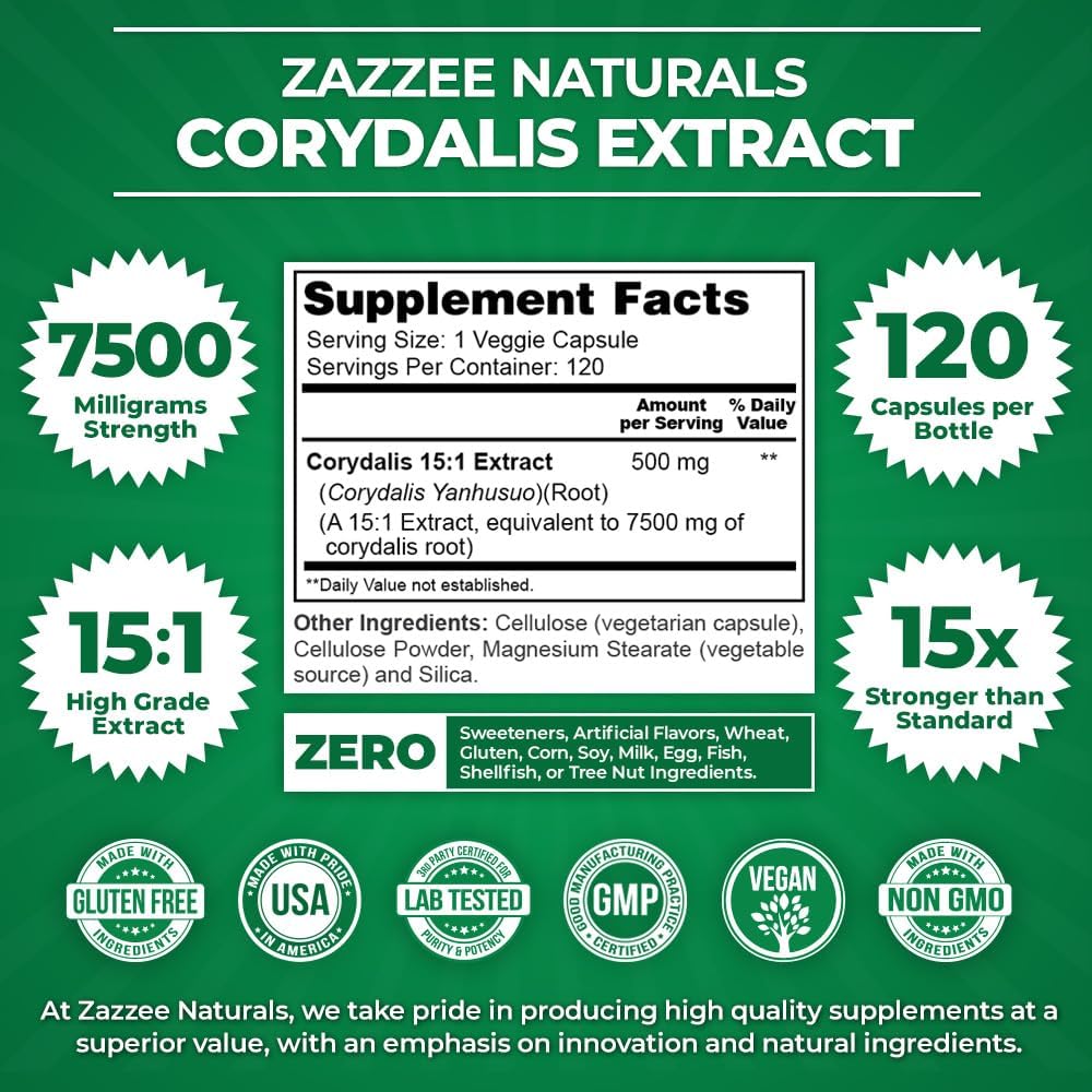 Zazzee Extra Strength Corydalis 15:1 Extract, 7500 mg Strength, 120 Vegan Capsules, Concentrated and Standardized 15X Extract, 100% Vegetarian, Premium Grade, Conolidine, All-Natural and Non-GMO
