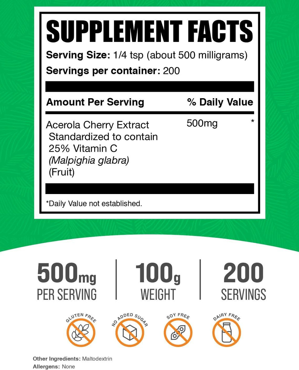 BulkSupplements.com Acerola Cherry Extract Powder - Natural Vitamin C Supplement, Acerola Cherry Powder - Vegan & Gluten Free, 500mg per Serving, 100g (3.5 oz) (Pack of 1)