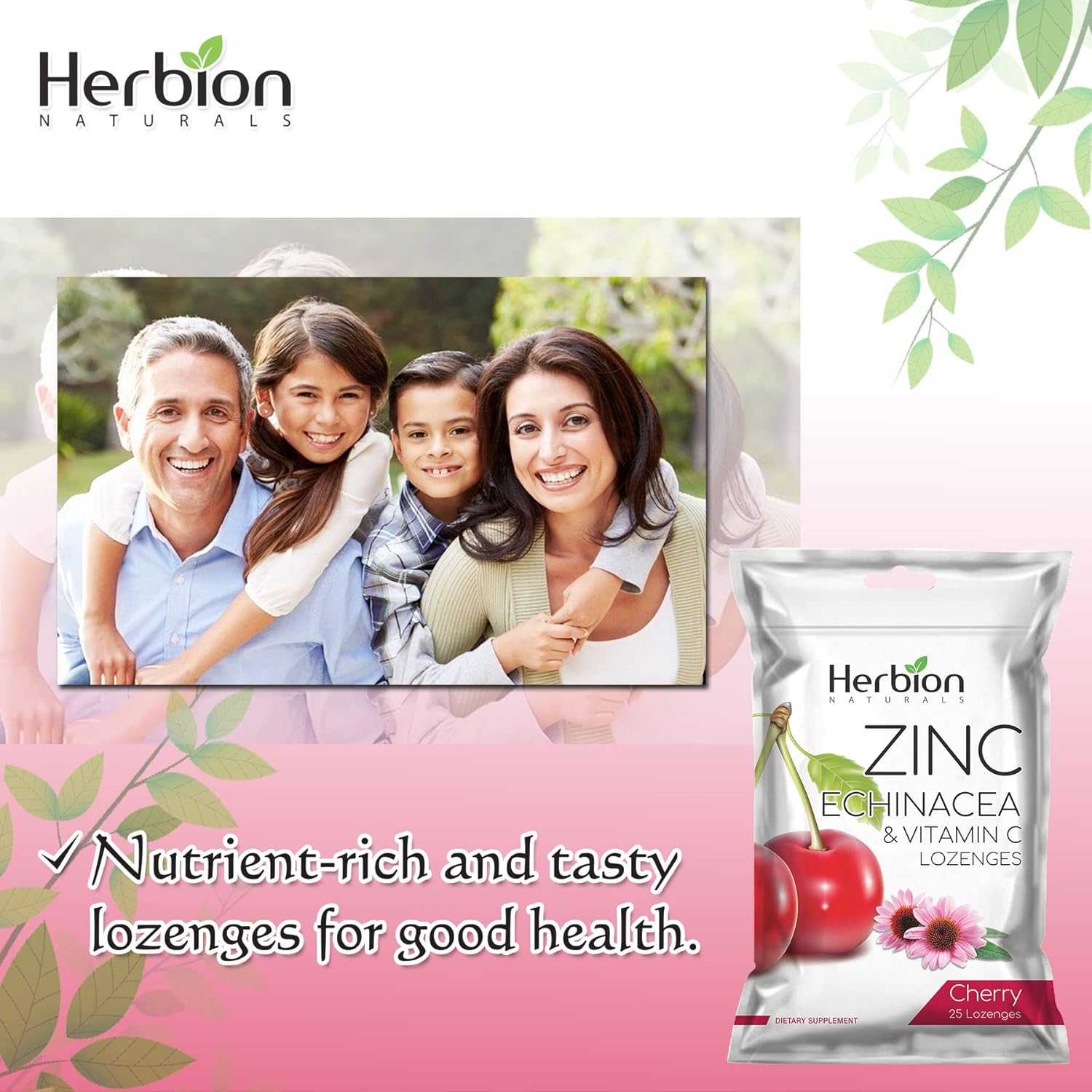 HERBION Naturals Zinc, Echinacea & Vitamin C Lozenges 25 CT, Dietary Supplement for Adults & Children 5+, Promotes Wellness for The Whole Family, 25 Count, Cherry, Pack of 1