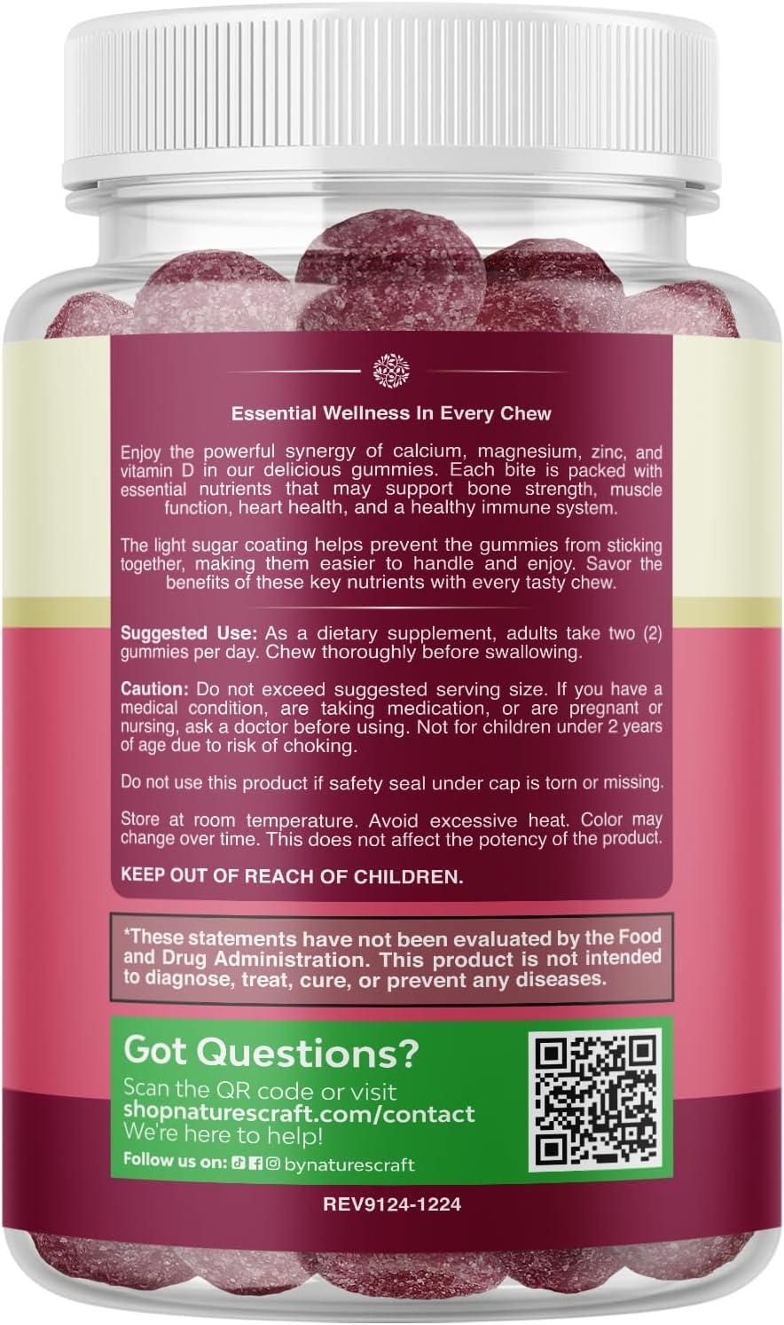 Calcium Magnesium Zinc Gummies - Magnesium Zinc Calcium Supplement Gummies with Vitamin D3 for Teeth and Bone Health - Certified Kosher Non-GMO Gelatin Free & Vegetarian Friendly (1 Month Supply)