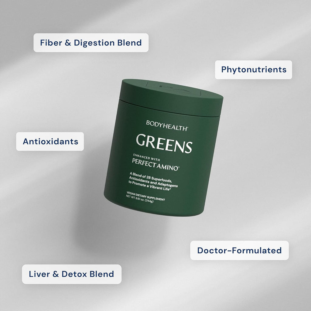 BodyHealth Greens Enhanced with PerfectAmino - Daily Superfood Green Apple Smoothie Powder with Vegetables, Fruit, Antioxidants, Prebiotics, Probiotics, Fiber, and Protein - 40 Servings
