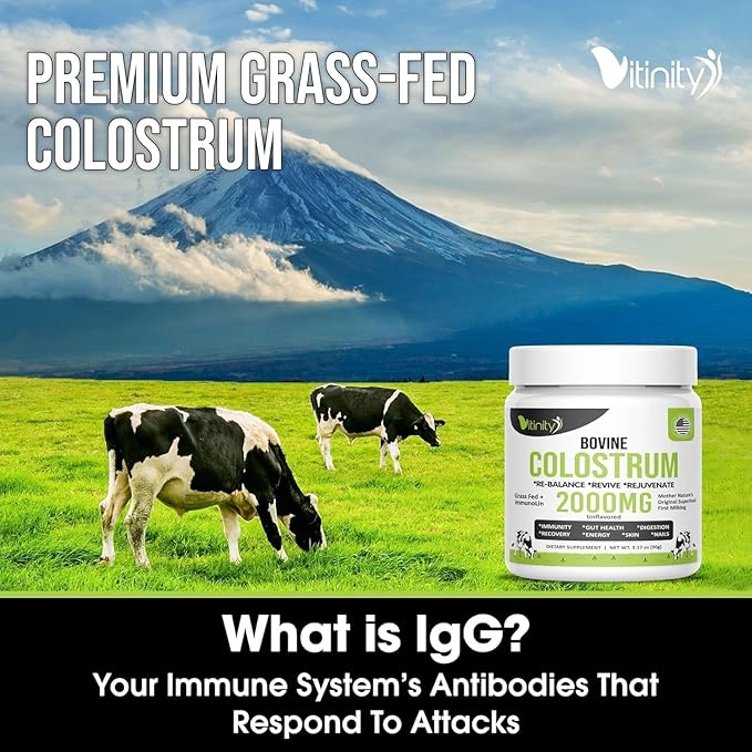 VITINITY Grass Fed Bovine Colostrum Powder for Humans - Natural IgG Colostrum Supplement for Gut Health, Immune Support, Muscle Recovery & Wellness | Pure Colostrum Superfood, Unflavored (90 Grams)