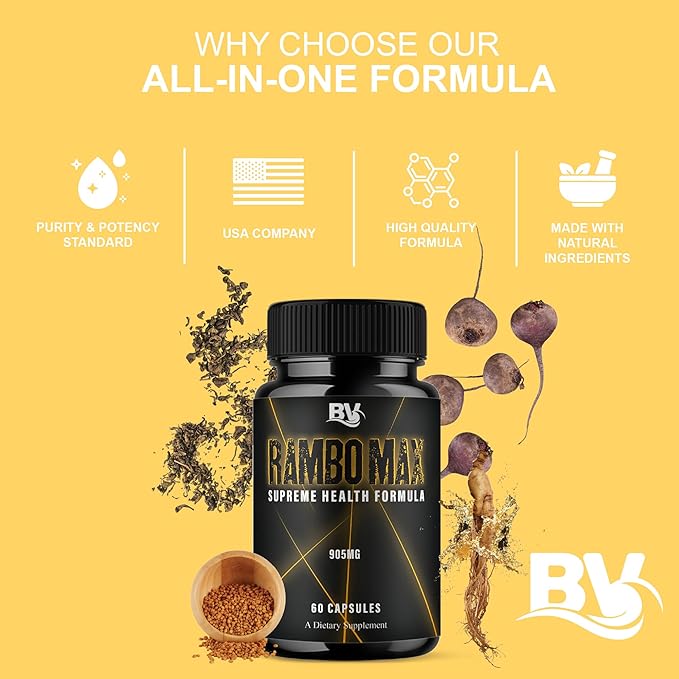 BLUE VIBE Rambo Max Premium Performance and Advanced Health Management Supplement Pills, RamboMax Maximum Strength Daily Health Support and Overall Wellness Supplement (3 Pack - 180 Capsules)