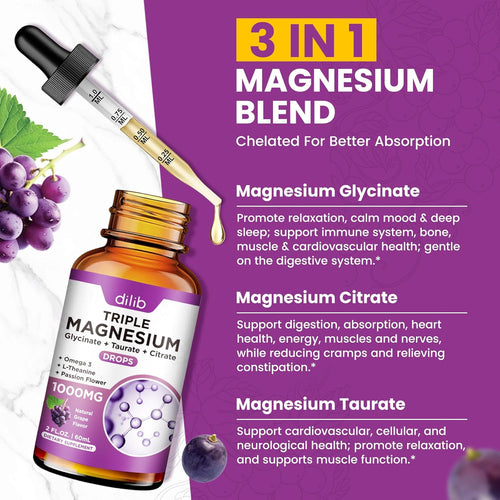 2 Pack Liquid Magnesium Glycinate Supplement, Calm Magnesium Citrate, Taurate Drops with Omega 3, Zinc, Ashwagandha, L-Theanine, Chamomile for Sleep, Mood, Stress Relief, Bone, Muscle, Grape Flavor