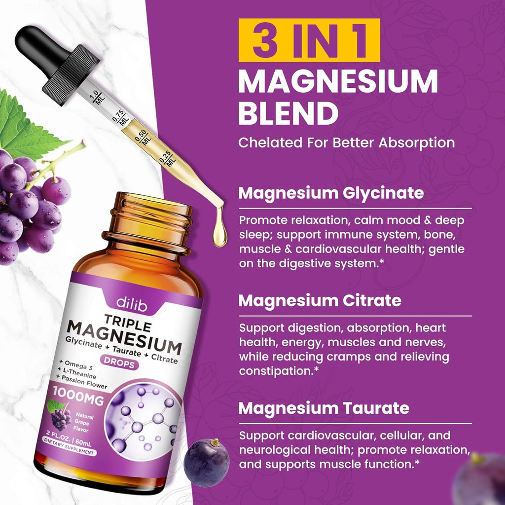 Liquid Magnesium Glycinate Supplement 1000mg, Calm Magnesium Citrate, Taurate Drops with Omega 3, Zinc, Ashwagandha, L-Theanine, Chamomile for Sleep, Mood, Stress Relief, Bone, Muscle, Grape Flavor