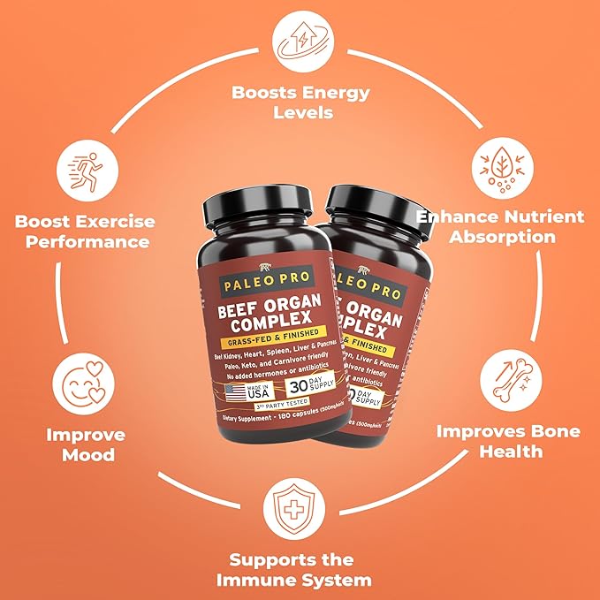 Paleo Pro O.G. Blend Premium Beef Organs Capsules, Kidney, Heart, Liver, Spleen and Pancreas from Grass Fed & Pastured Cows, Dietary Supplement, No GMO, 180 Capsules (Beef Organ Complex)