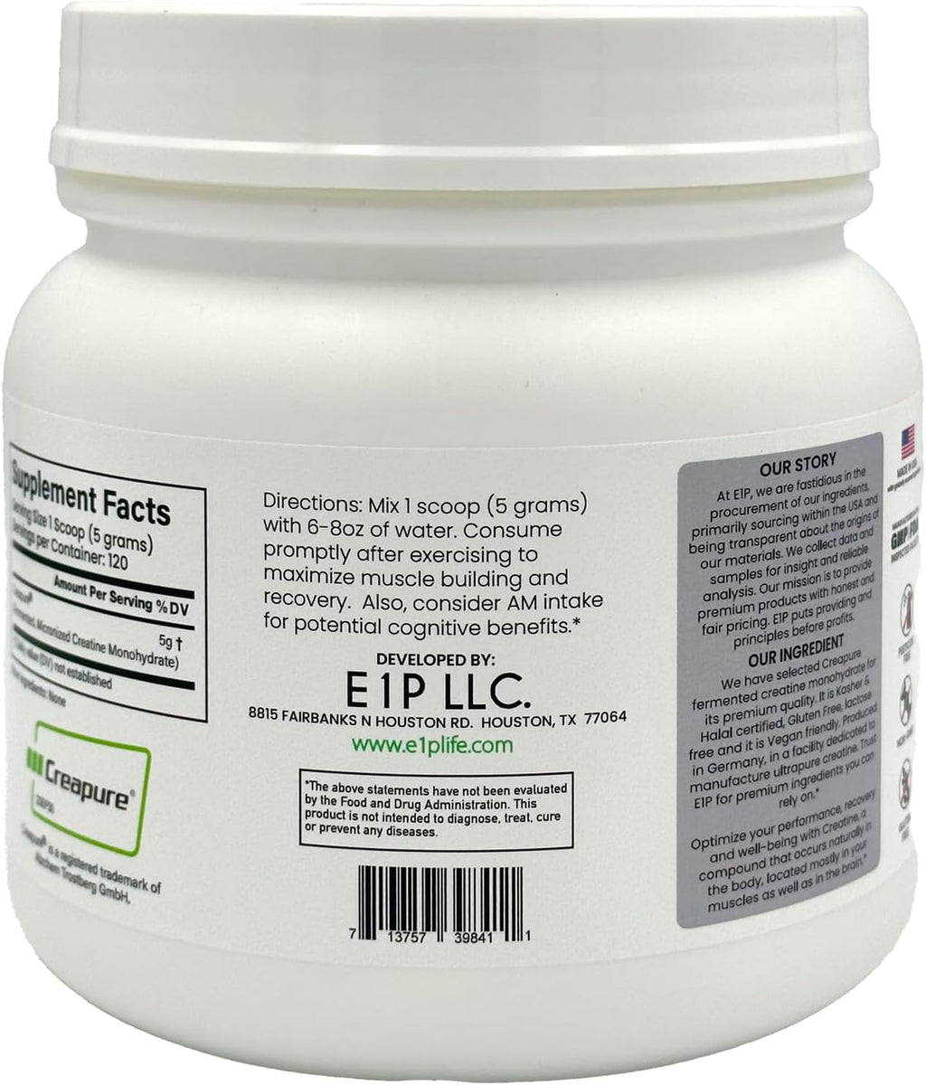 Creapure Creatine Monohydrate 600grams (120 Servings) Unflavored, Non-GMO, Vegan Fermented, Third-Party Lab Tested. Made with Halal and Kosher Certified Ingredients.