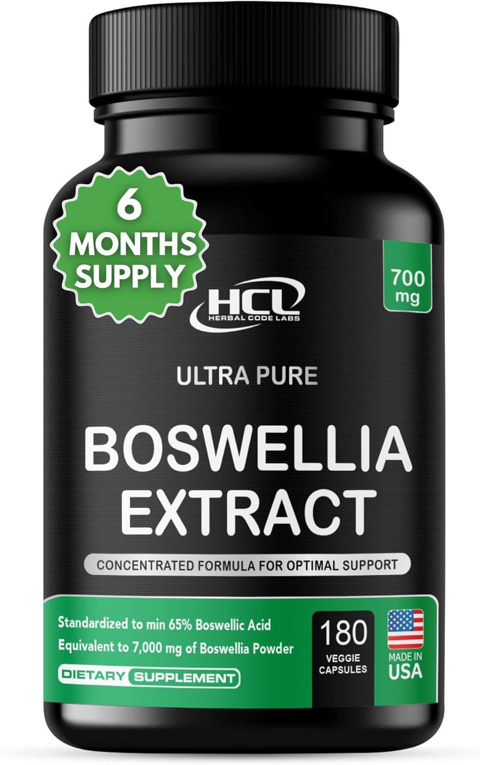 Boswellia Serrata Extract Capsules 65% Boswellic Acid 700mg Equal to 7000mg Resin Powder, Extra Strength & Superior Absorption, 6 Month Supply 180 Vegan Capsules Non-GMO