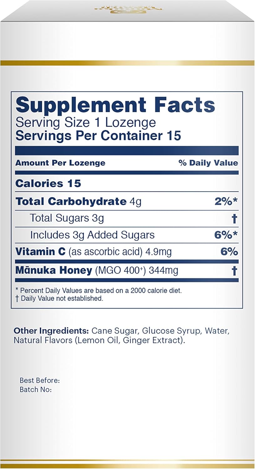 Manuka Health Manuka Honey Lozenges – 15 Lemon and Ginger Flavored Lozenges – Natural Throat Lozenges Infused with Raw Manuka Honey and Vitamin C for Immune Support