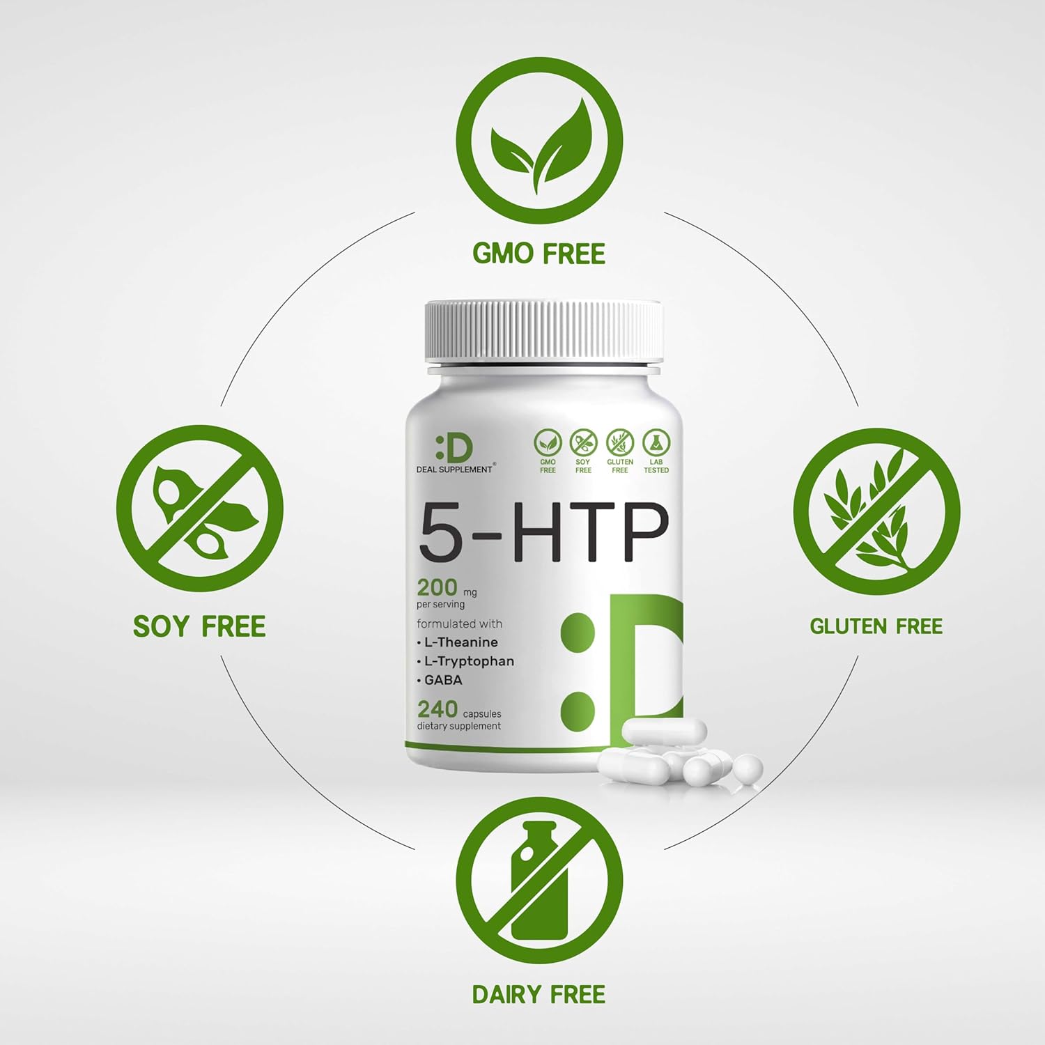 5-HTP 200mg Per Serving, 240 Capsules, 98% African Derived Griffonia Seed Extract | 4 in 1 Formula | Plus Active L Theanine, L Tryptophan, & GABA | Relaxation Support