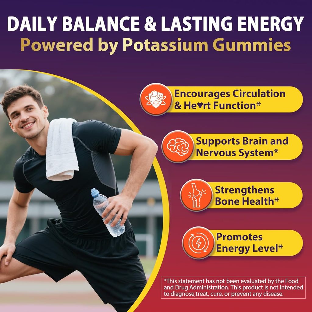 Potassium Citrate and Potassium Gluconate Supplement, 1200mg Two Forms of Potassium Gummies, w/Magnesium, Omega-3, Calcium, Vitamin D3 K2 B12 E B6, Folate for Muscles, Nerves, Health Bones, 120Cts