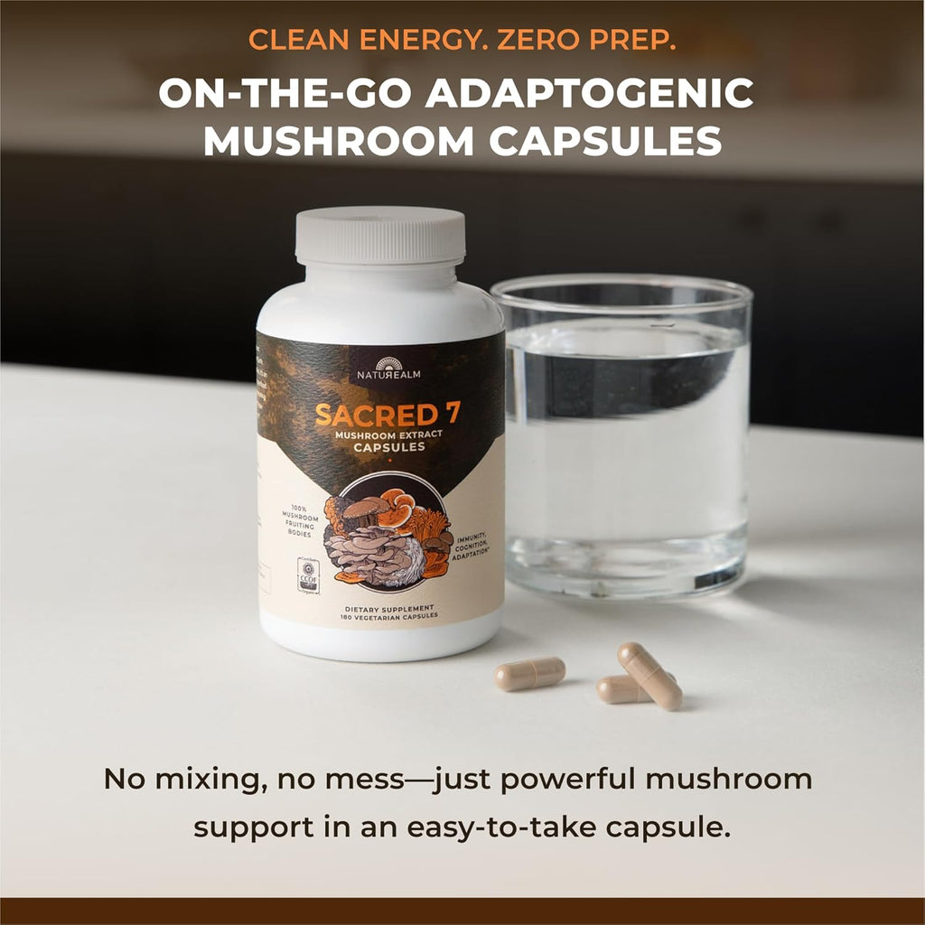 Naturealm Sacred 7 Organic Mushroom Extract Capsules - Premium 7 Mushroom Supplement with Lions Mane, Reishi, Chaga - Immune Support & Focus - 180 Vegetarian Capsules