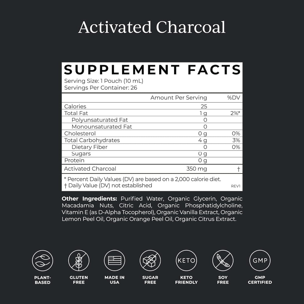 CYMBIOTIKA Activated Charcoal Liquid Supplement Packets from Coconuts for Bloating, Gut Health & Digestive Support, Helps Detox, Vitamin E, Lemon Cream Flavor, Vegan, 26 Pack