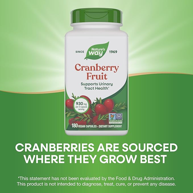 Nature's Way Cranberry Fruit, Cranberry Supplements, Supports Urinary Tract Health*, 930 mg per 2-Capsule Serving, 180 Capsules (Packaging May Vary)
