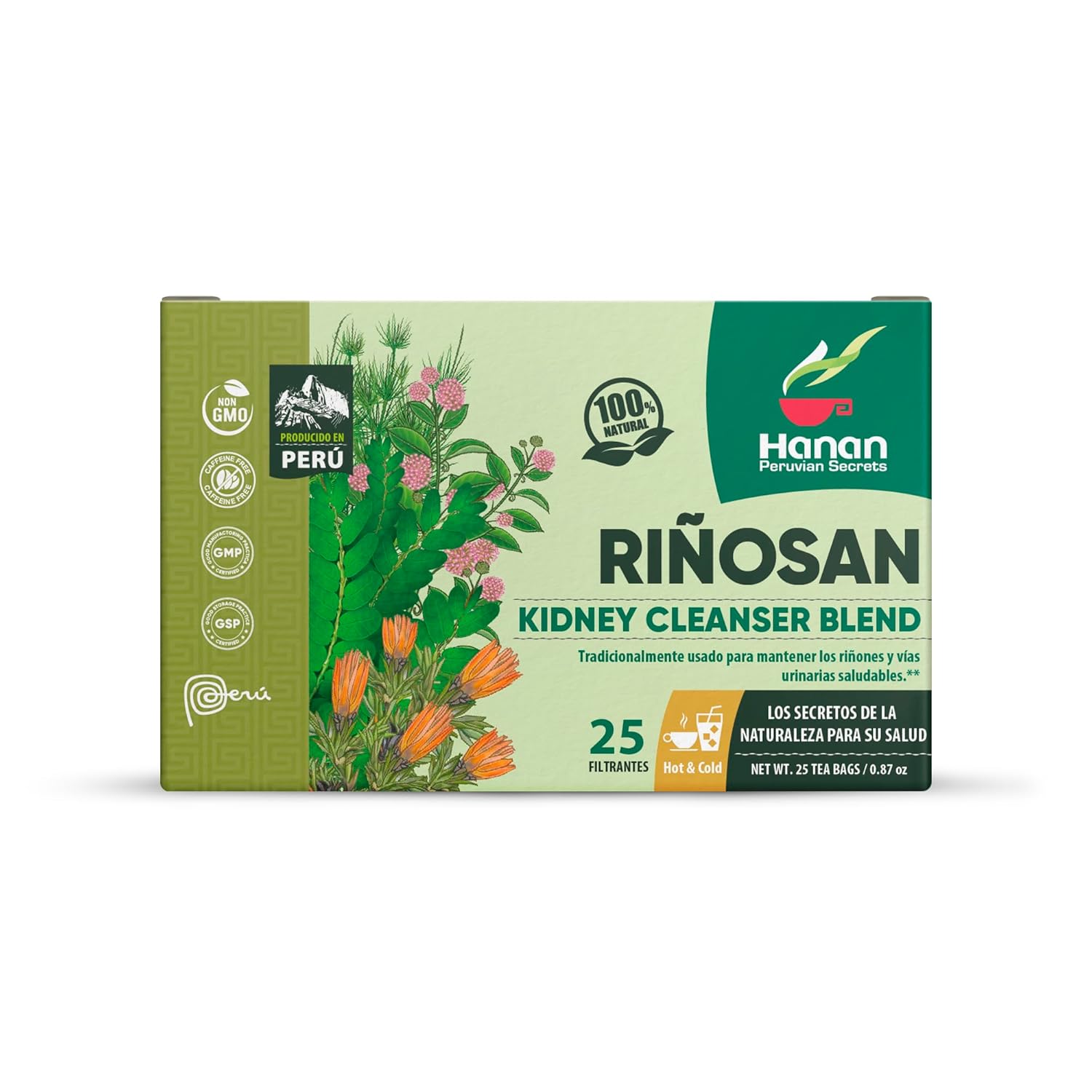 Hanan Peruvian Secrets Rinosan Herbal Tea | 100% Natural Kidney Cleanse Aid Blend | 25 Tea Bags | Naturally Aids in Supporting Healthy Kidney and Urinary Tract Function