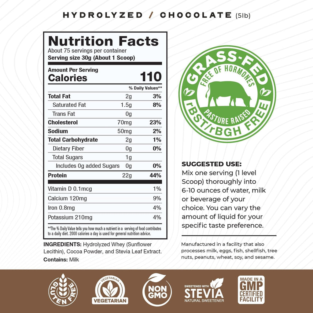 Muscle Feast Hydrolyzed Whey Protein Powder, Grass Fed and All Natural Hormone-Free, Hydro Whey Powder for Men and Women, Gluten Free, Non-GMO, Delicious Hydrolyzed Protein Powder, Chocolate, 5lb