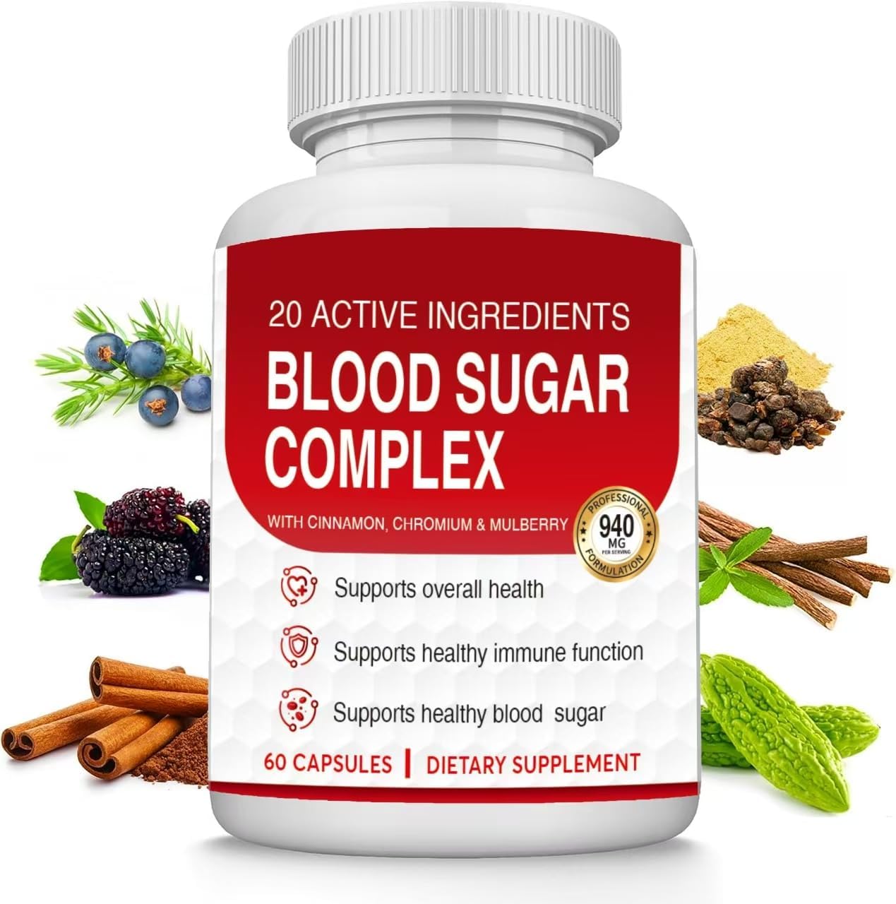Blood Sugar Complex Supplement - Helps Maintain Normal Blood Sugar Levels - Natural Formula with Bitter Melon, Mulberry Leaf, Cinnamon, Non-GMO - 60 Capsules(1pc)