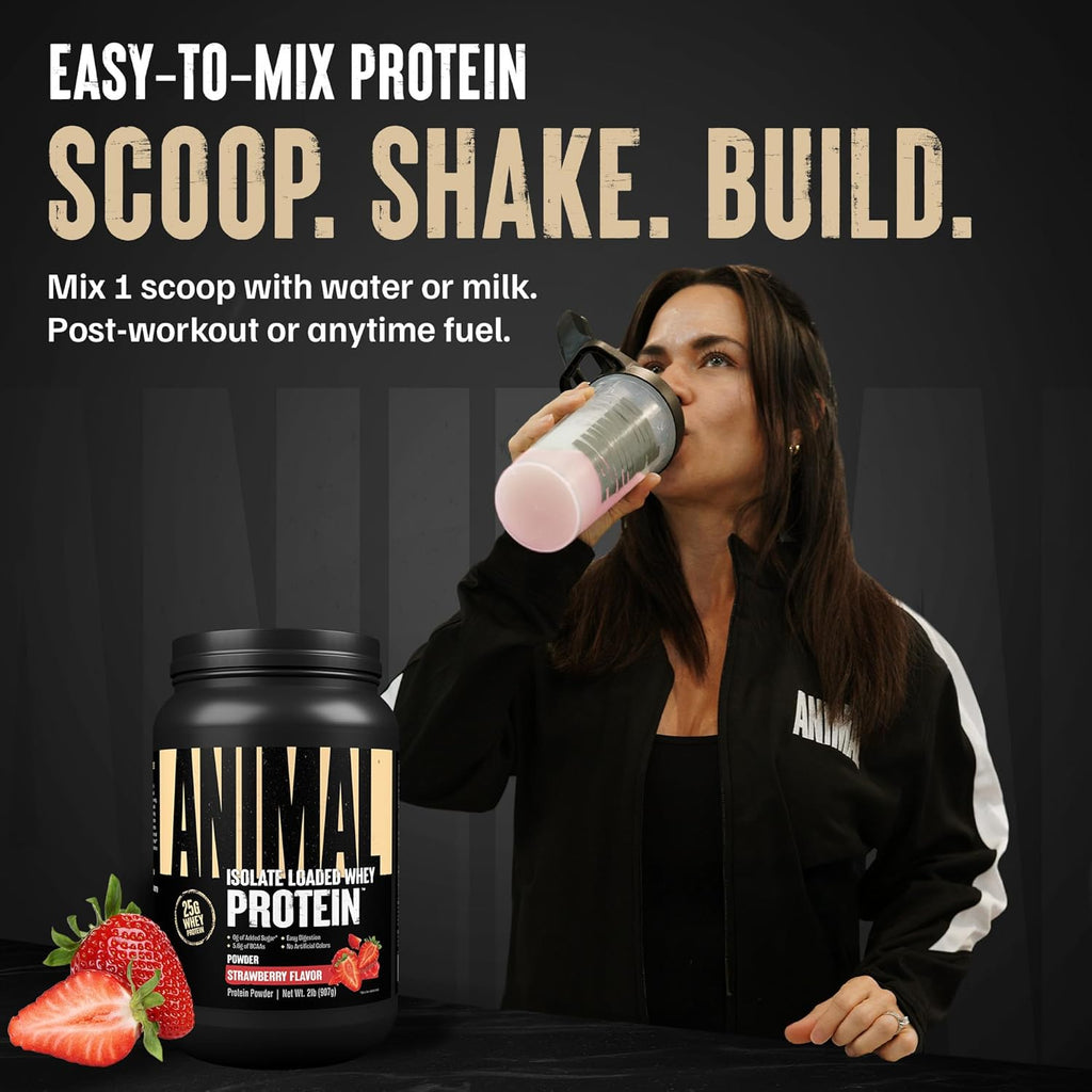 Animal Whey Isolate Protein Powder - Loaded for Pre & Post Workout Muscle Builder and Recovery with Digestive Enzymes for Men & Women - 25g Protein, Great Taste, Low Sugar - Strawberry 2 lbs
