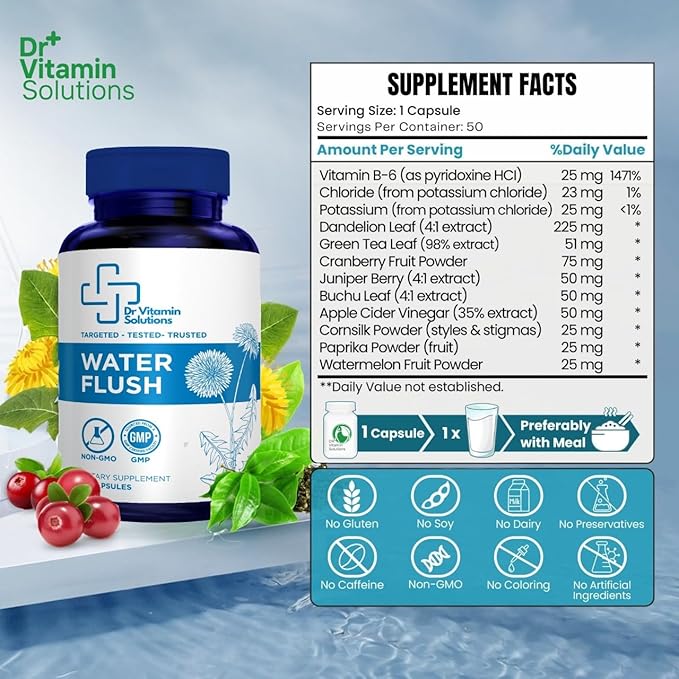 Diuretic Water Pills - Water Flush - Debloating for Women and Men, Relief from Swelling, Water Retention - Green Tea, Dandelion Leaf and Cranberry Powder Detox (1 Bottle, 50 Capsules)