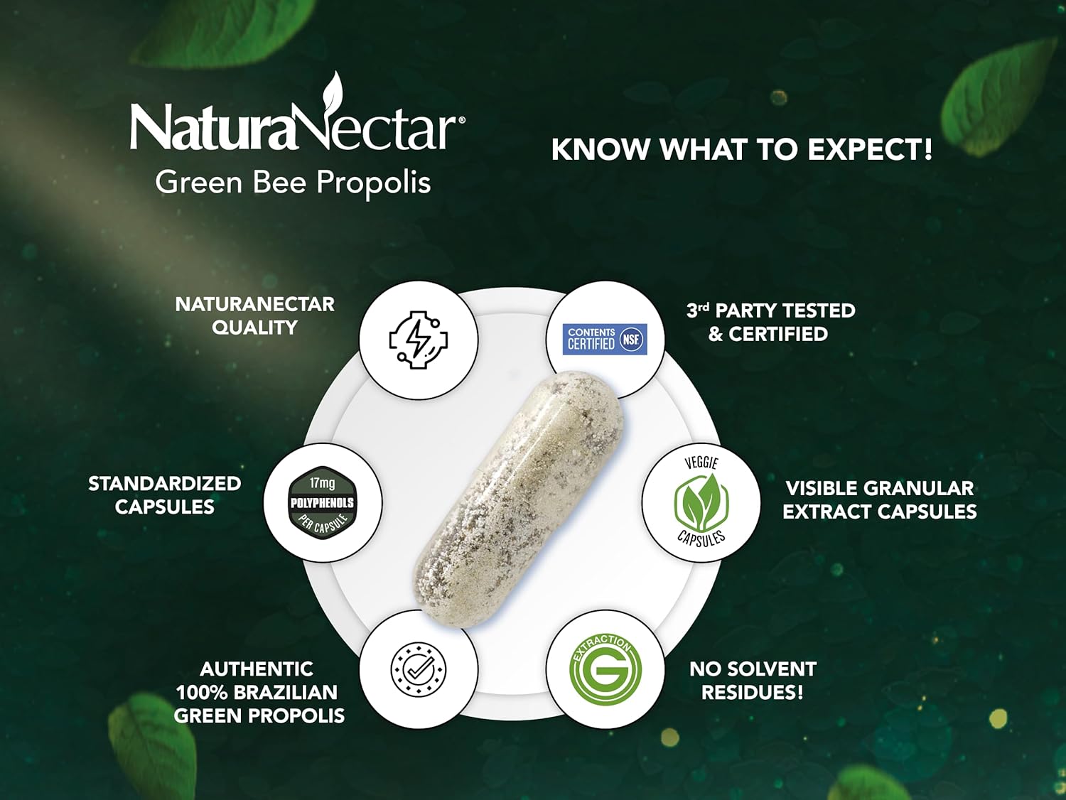 NaturaNectar - Green Bee Propolis Capsules - NSF Contents Certified Brazilian Green Propolis - Gluten-Free Propolis Supplements with Flavonoids - Naturally Sourced Through Ethical Beekeeping (60pcs.)