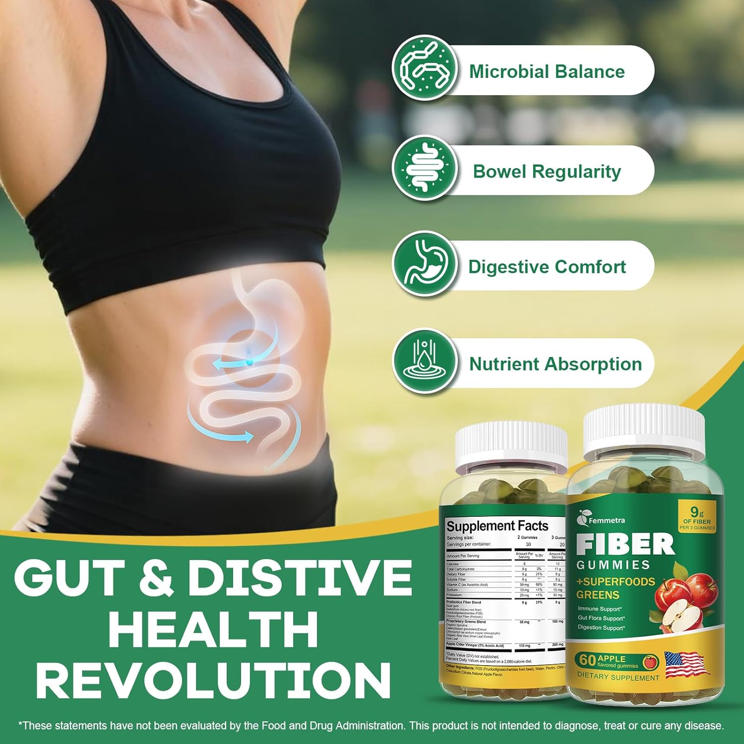13-in-1 Fiber Gummies for Adults, Fiber Supplement for Digestive Health, Gut & Immunity, Prebiotic Fiber with Greens Blend & ACV - Non-GMO, Sugar Free – 60 Vegan Gummies, Apple Flavor