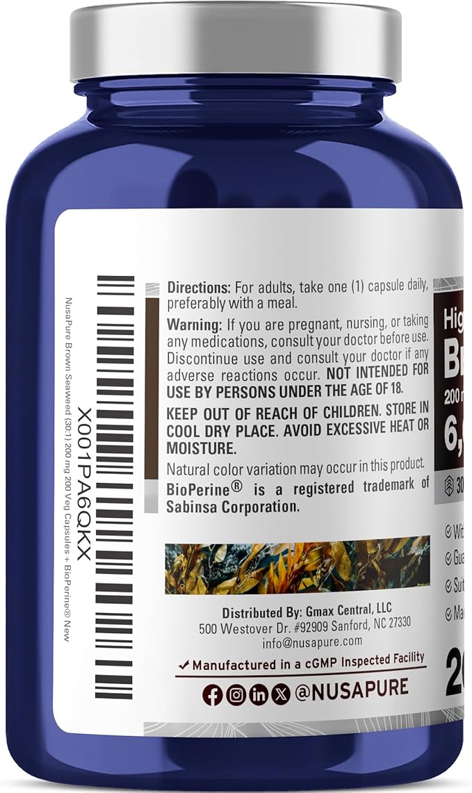 NusaPure Brown Seaweed 30:1 Extract, 200 mg Equivalent to 6,000 mg 200 Veggie Capsules - (Vegan, Non-GMO Bioperine)