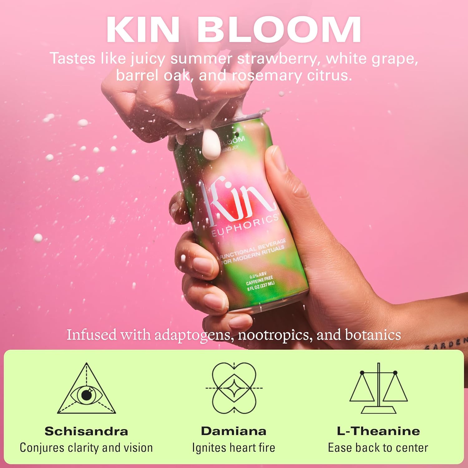 Kin Euphorics Kin Bloom Non-Alcoholic Functional Beverage | All day rosé | Elevate Your Mind & Spirit | Prebiotic | Strawberry, White Grape, Oak, Rosemary Citrus | 8 Fl Oz (24pk)