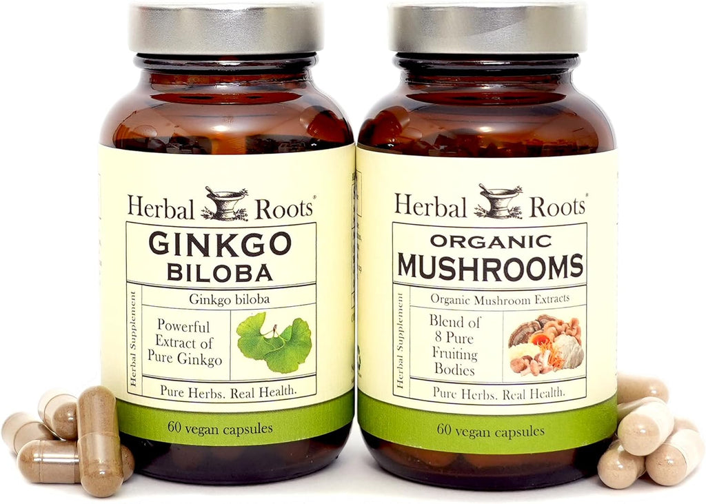 Herbal Roots Brain Health Duo, Organic Mushrooms and Organic Ginkgo Biloba, Powerful Boost for Brain Health, Non-GMO