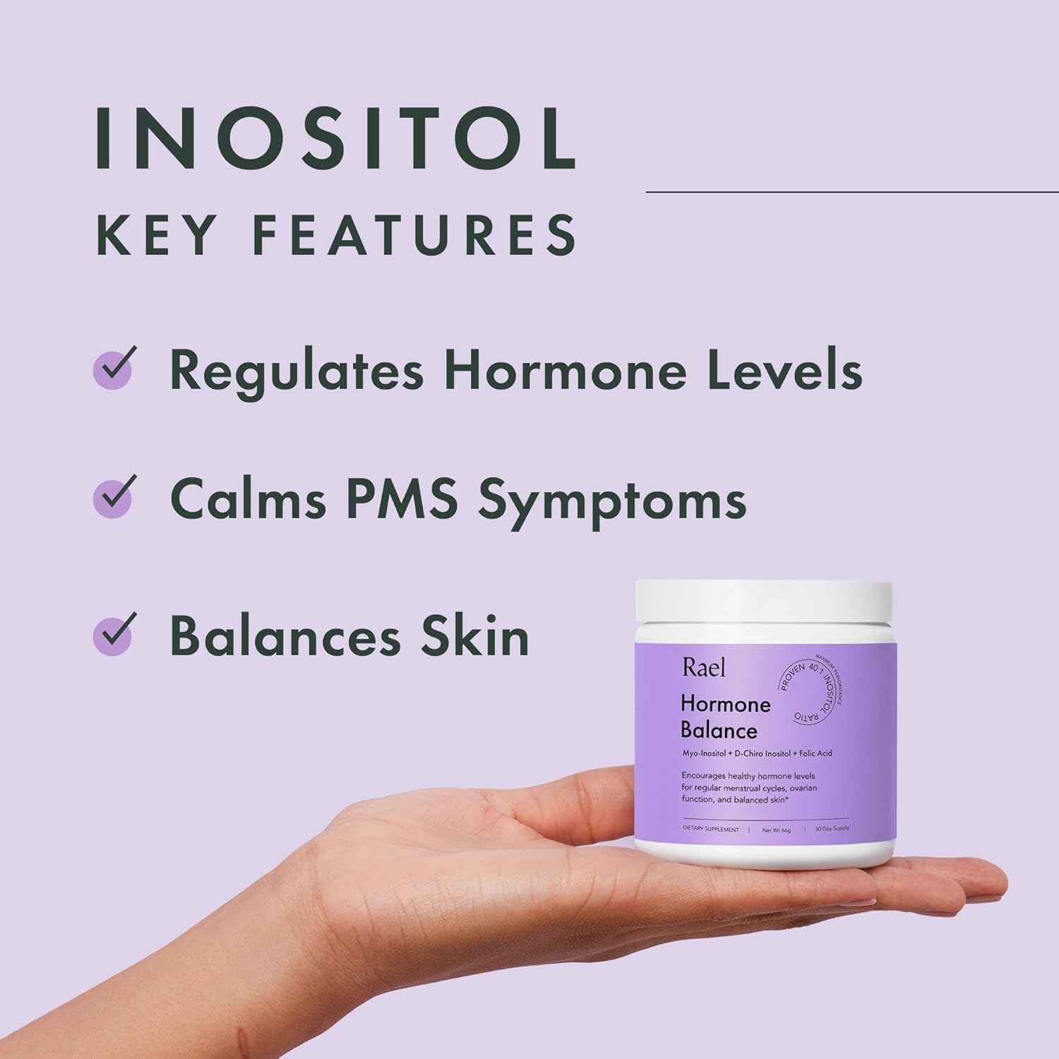 Rael Hormone Balance for Women, Inositol Powder Supplement - Ovarian Function Support, Vitamin B8, 40:1 Proven Ratio, Folic Acid, Vegan (30 Servings)