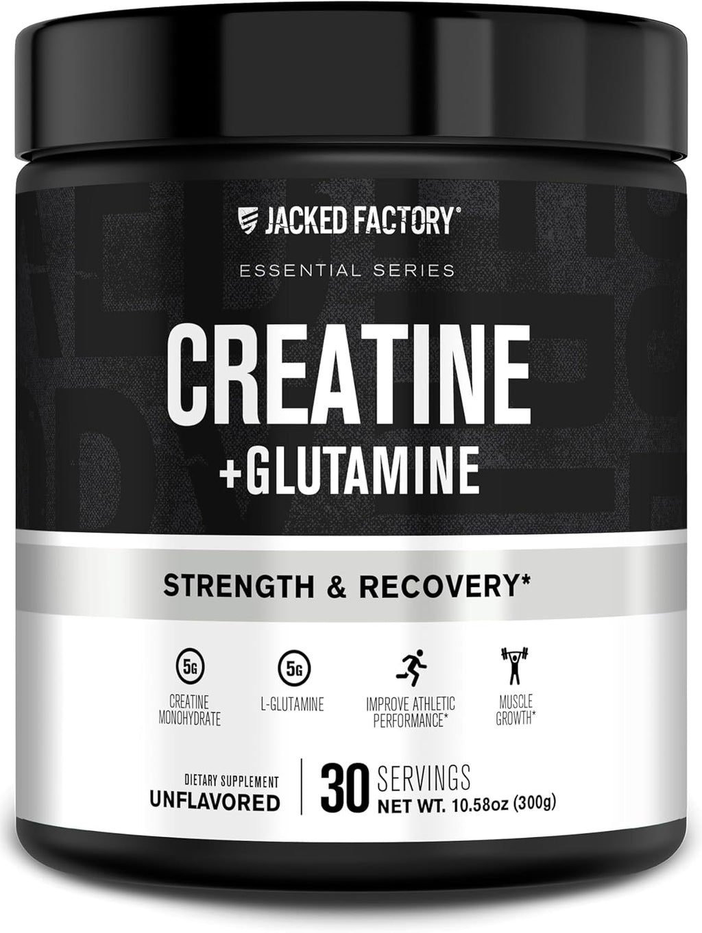 Jacked Factory Creatine + Glutamine - Creatine Supplement with L-Glutamine for Muscle Recovery, Muscle Growth, Increased Strength, Enhanced Energy Output, and Gut Health - 30 Servings, Unflavored