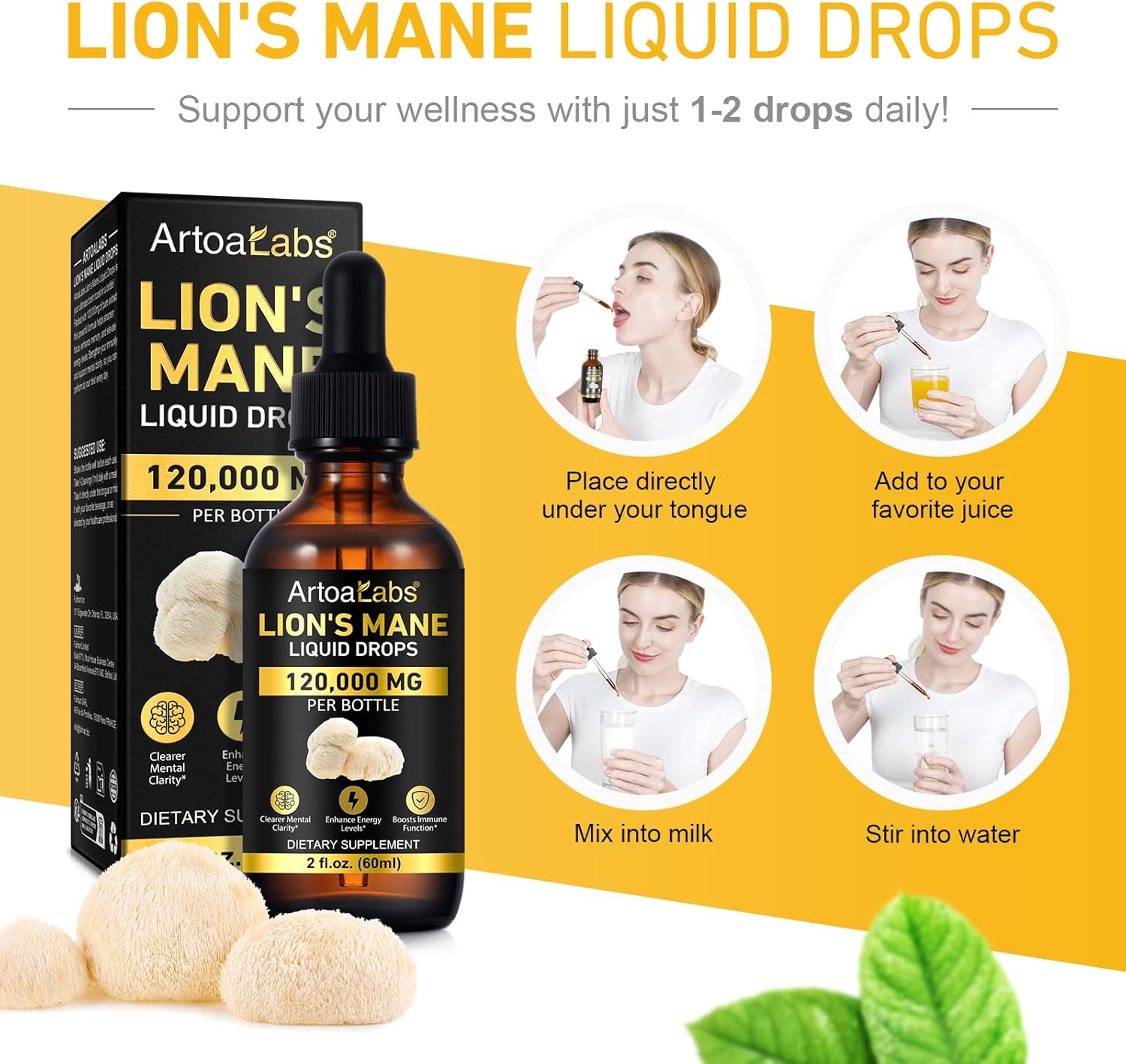 Lions Mane Mushroom Drops 120,000 MG, Brain Supplement, Brain Vitamins, Enhance Memory & Focus & Immunity, 2 Oz