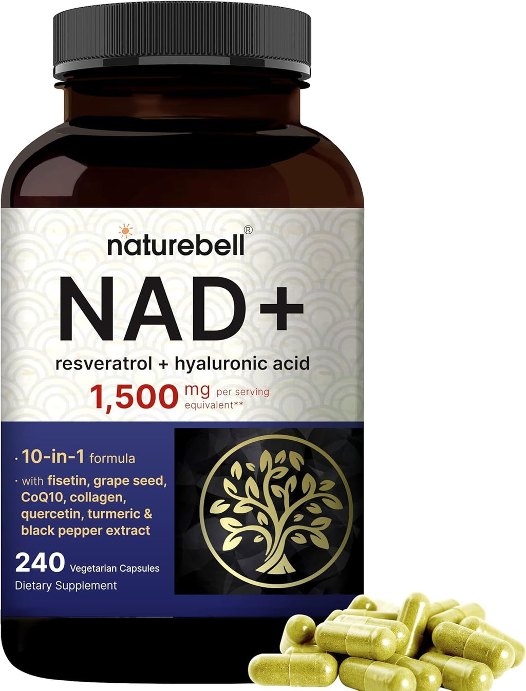 NatureBell NAD+ 1,500mg Per Serving, 240 Veggie Capsules | NMN Supplement Alternative | 10-in-1 Complex with Resveratrol Plus Hyaluronic Acid, Quercetin, Fisetin, Collagen, & More – Non-GMO