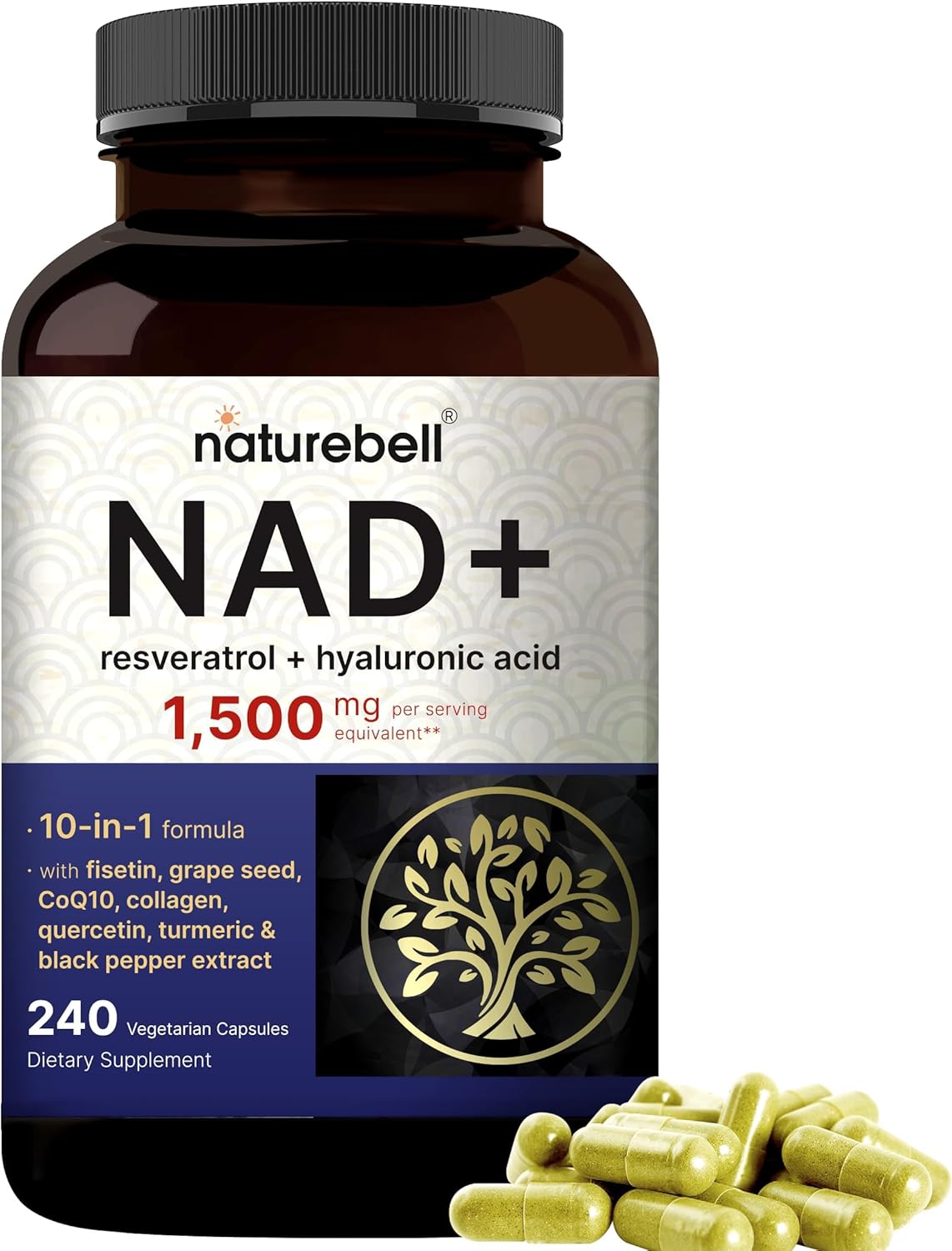 NatureBell NAD+ 1,500mg Per Serving, 240 Veggie Capsules | NMN Supplement Alternative | 10-in-1 Complex with Resveratrol Plus Hyaluronic Acid, Quercetin, Fisetin, Collagen, & More – Non-GMO