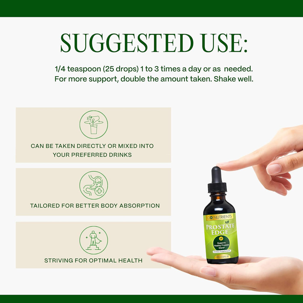 Go Nutrients Prostate Edge - Saw Palmetto & Pygeum Extract Supplement for Men’s Prostate Health & Relief - Organic Liquid Drops to Support Urinary Flow, Bladder Comfort & Vitality – 2oz